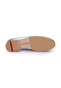 Silver leather shoe sole with a smooth texture. Features a flat design and a contrasting red accent at the heel. Branding visible on the inner sole.