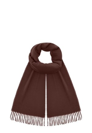 Brązowy szalik wykonany z miękkiego materiału, owinięty w pętlę z długimi, prostymi końcami. Posiada frędzlowane krawędzie, które dodają tekstury.