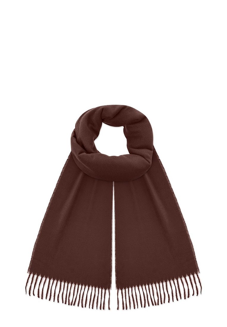 Brązowy szalik wykonany z miękkiego materiału, owinięty w pętlę z długimi, prostymi końcami. Posiada frędzlowane krawędzie, które dodają tekstury.