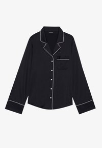 Svart pysjamas skjorte med lange ermer i glatte materialer, med hvite kanter, en klippet krage og en enkelt brystlomme med knappelukking.