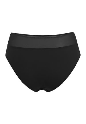 Schwarzer, hoch geschnittener Badehose mit breitem, glattem Bund und nahtlosen Kanten, dargestellt vor weißem Hintergrund.