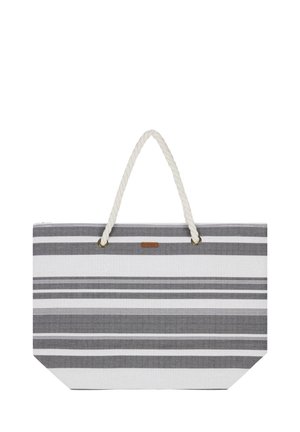 Canvas strandtas met horizontale grijze en witte strepen. Bevat een touwhandvat en een kleine logo-patch in het midden.