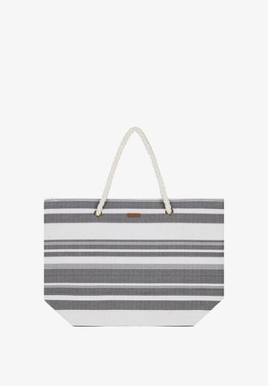 Sac de plage en toile avec des rayures grises et blanches horizontales. Il est doté d'une anse en corde et d'un petit écusson logo au centre.