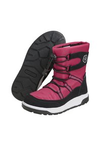 Rosa isolerade stövlar med svarta detaljer, utrustade med en texturerad gummisula, elastiska snören och en hög design som är lämplig för vinterförhållanden.