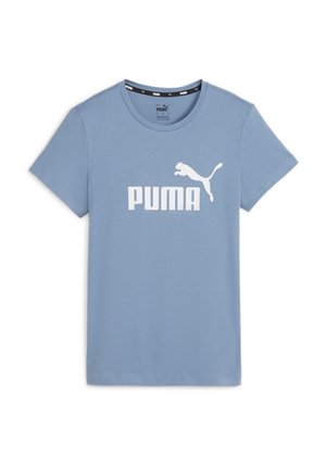 T-shirt bleu clair à manches courtes et col rond avec logo Puma blanc et texte centré sur le devant.