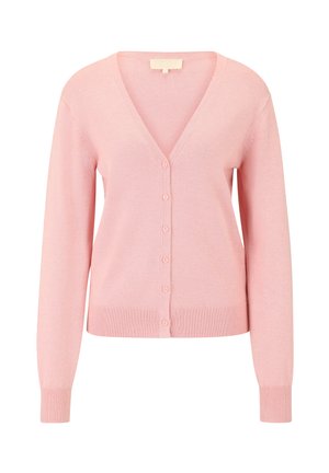 Pink cardigan with a V-neck, long sleeves, and a button front. Features ribbed cuffs and hem, made from a soft, lightweight material.