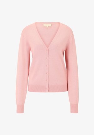 Pink cardigan with a V-neck, long sleeves, and a button front. Features ribbed cuffs and hem, made from a soft, lightweight material.