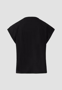 Zwarte katoenen t-shirt met korte, opgerolde mouwen en een losse pasvorm. Glad oppervlak met een klassieke ronde hals. Achteraanzicht weergegeven.