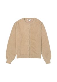 Gilet beige duveteux avec un col rond, des manches longues et une fermeture à boutons sur le devant. Présente une texture douce et une coupe décontractée.