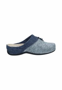 Gray and navy felt clogs featuring a round toe, soft texture, and decorative stitching along the seams. Black rubber sole for durability.