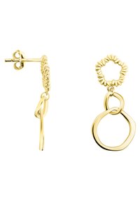 Guldörhängen med en vågig cirkulär design med staplade ringar och en abstrakt länkform, monterade på en post med ett säkert bakstycke.