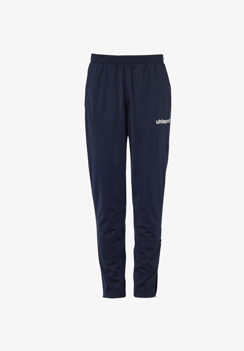 Marineblauwe sportbroek van een zachte stof, met een elastische tailleband en zijzakken. Logo op de linker bovenbeen.