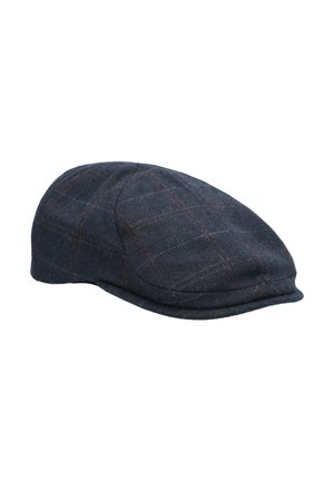 Czapka typu flat cap w ciemnym kratkowanym wzorze z szarymi, niebieskimi i pomarańczowymi akcentami; materiał wełniany, zaokrąglona korona i wygięty daszek.