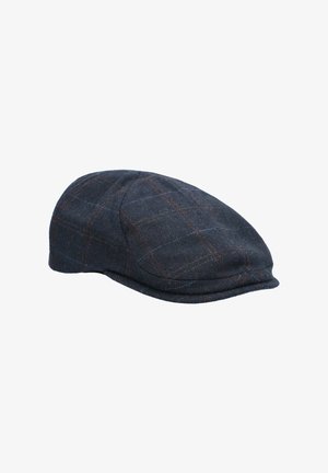 Czapka typu flat cap w ciemnym kratkowanym wzorze z szarymi, niebieskimi i pomarańczowymi akcentami; materiał wełniany, zaokrąglona korona i wygięty daszek.