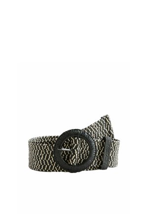 Curea din țesătură alb-negru, cu o cataramă rotundă neagră învelită și o buclă din țesătură neagră.
