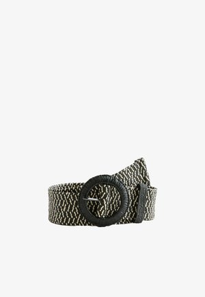Curea din țesătură alb-negru, cu o cataramă rotundă neagră învelită și o buclă din țesătură neagră.