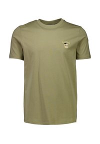 Oliwkowa bawełniana koszulka z krótkim rękawem, okrągłym dekoltem i małym haftowanym wzorem przedstawiającym postać oraz napis "French Toast".