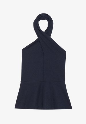 Tums zils halter top no elastīgas auduma ar savērptu kakla izgriezumu un pepluma apakšmalu. Gluda tekstūra, pieguļoša krūšu daļa un smalka plūstoša detaļa.