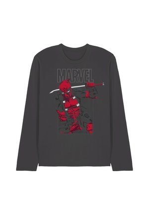 Dark long-sleeve shirt with a red and black Deadpool holding a katana, and the word Marvel in large gray letters above.