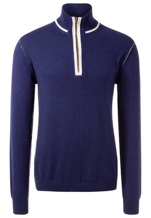 Jersey azul marino de manga larga con cremallera hasta la mitad delantera, cuello alto y ribete blanco a lo largo de la cremallera y las costuras de los hombros.