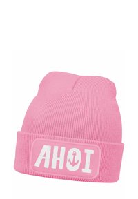 Pink knit beanie with a ribbed texture. Features a rectangular patch reading "AHOI" in white, accented with an anchor graphic.