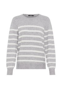 Grau und weiß gestreifter Pullover mit langen Ärmeln, Rundhalsausschnitt, gerippten Bündchen und Saum, weicher Textur und lässigem Design.