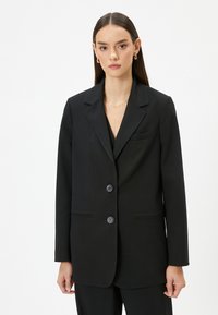 Blazer nero con un design strutturato, davanti a un solo bottone, rever a punta, due bottoni e taschino sul petto. Tessuto dalla texture liscia.