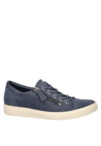 Navy suede sneakers with a white rubber sole. Features include lace-up closure, side zip, and silver hardware accents.