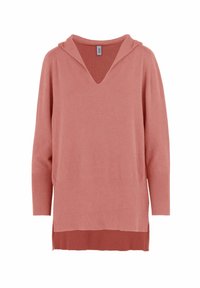 Felpa con maniche lunghe di colore rosa chiaro, caratterizzata da un scollo a V, orlo a coste e un tessuto di maglia testurizzato. Il design include un aspetto a strati nella parte inferiore.