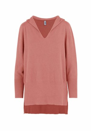 Felpa con maniche lunghe di colore rosa chiaro, caratterizzata da un scollo a V, orlo a coste e un tessuto di maglia testurizzato. Il design include un aspetto a strati nella parte inferiore.