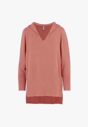 Lange mouwen hoodie in lichtroze, met een V-hals, geribbelde zoom en een gestructureerde brei. Het ontwerp heeft een gelaagd uiterlijk aan de onderkant.