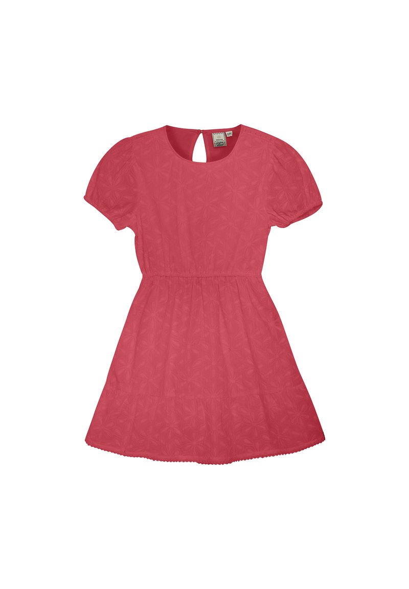 Abito rosso in cotone con maniche a sbuffo corte, vita elastica e dettaglio con apertura a cuore sul retro. Presenta un motivo floreale ripetuto e orlo con volant.