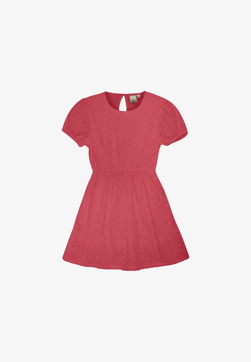 Röd bomullsklänning med korta puffärmar, elastisk midja och detalj med nyckelhål bak. Har ett upprepande blommönster och volang nederkant.