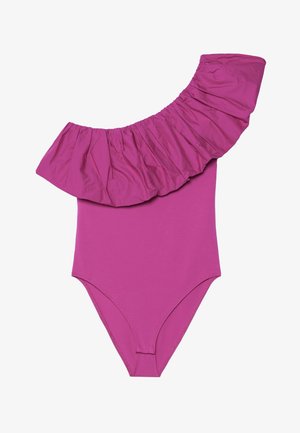 One-piece swimsuit in bright pink, featuring a wide ruffled shoulder detail and a smooth, fitted body. Soft, stretchy fabric.