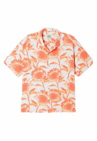 Chemise à manches courtes avec motif de tournesols orange et pêche sur fond blanc, dotée d'un col et de boutons sur le devant.
