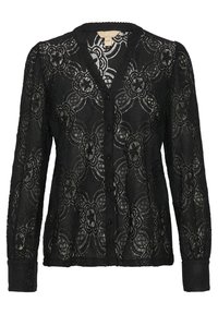 Blusa nera in pizzo con motivo floreale, maniche lunghe, chiusura a bottoni e scollatura ondulata. La delicatezza della texture ne esalta l'appeal visivo.