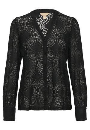 Blusa de encaje negro con un patrón floral, mangas largas, cierre de botones y un escote con forma de ondas. Su textura delicada realza su atractivo visual.