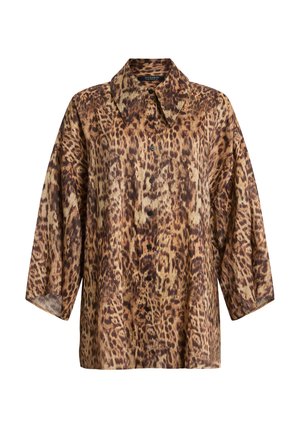 Leopard print, brown and cream button-up shirt with a collar, three-quarter sleeves, and a relaxed fit. Smooth texture and lightweight fabric.