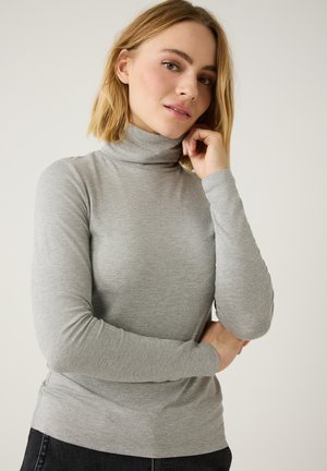 Grauer Rollkragenpullover aus weichem, elastischem Stoff mit langen Ärmeln und enger Passform. Glatte Textur, minimale Nähte und schlichtes Design.