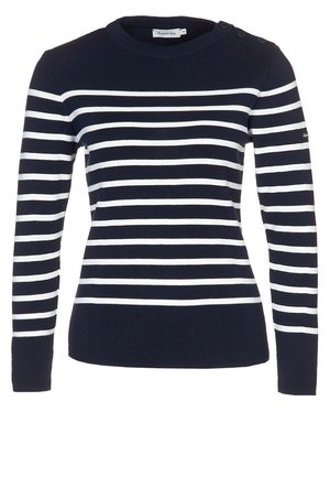 Pull-over en laine bleu marine à manches longues avec des rayures horizontales blanches, texture côtelée, col arrondi et accents de boutons à l'épaule.