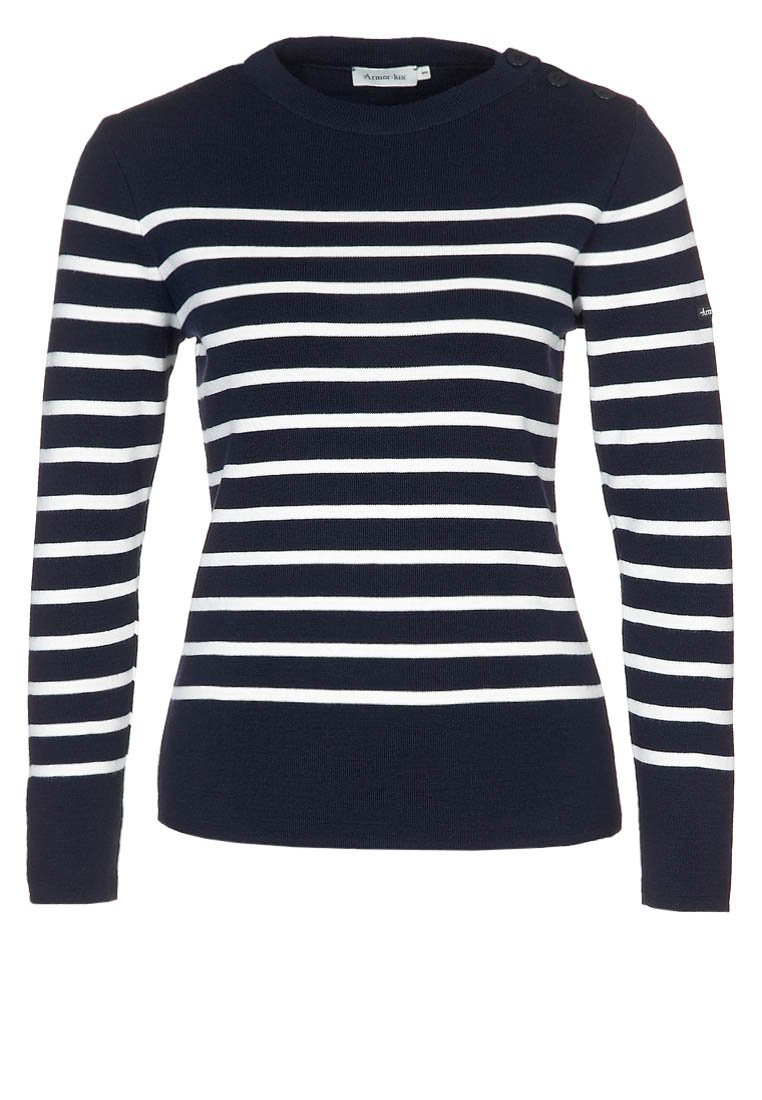 Maglione a maniche lunghe blu navy con strisce orizzontali bianche, texture a coste, scollatura rotonda e dettagli con bottoni sulla spalla.