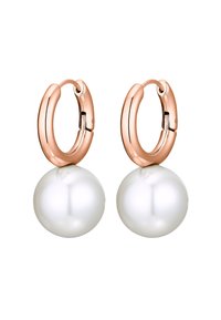 Orecchini a cerchio in oro rosa con gocce di perla bianca. Texture liscia e lucida; forma rotonda; accentuati da un meccanismo di chiusura sicuro.