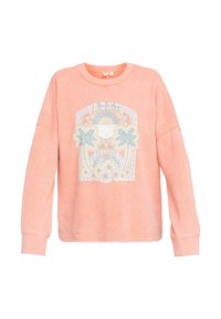 Helles Korall Sweatshirt mit gerippter Textur. Auf der Vorderseite befindet sich ein grafisches Design mit Palmen und Blumen in Pastellfarben.