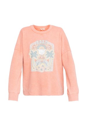 Light coral sweatshirt with a ribbed texture. Features a graphic design of palm trees and flowers in pastel colors on the front.