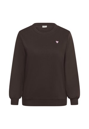 Donkerbruine sweatshirt met lange mouwen en geribbelde manchetten en zoom, met een klein roze hartje op de bovenste linkerborst.