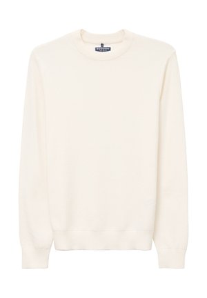 Sweatshirt couleur crème en tissu texturé, avec un col rond et des manches longues dotées de poignets et d'un ourlet côtelés. Design minimaliste.