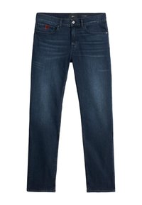 Jeans in denim blu scuro con un design a gamba dritta, dotati di tasche frontali, un piccolo patch con logo e una chiusura classica a bottone e zip.
