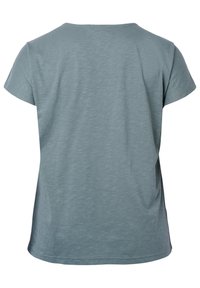 Blågrå kortärmad T-shirt sedd bakifrån med en enkel rund halsringning och en något figursydd form.