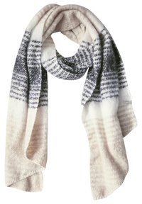 Gestrickter Schal in sanftem Beige mit grauen geometrischen Mustern. Verfügt über eine strukturierte Oberfläche und fransige Kanten. Leicht und fällt gut.