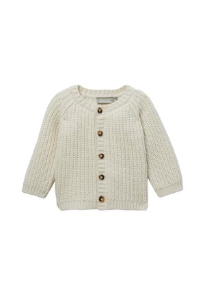Cardigan bébé tricoté couleur crème avec manches longues et cinq boutons marron sur le devant.